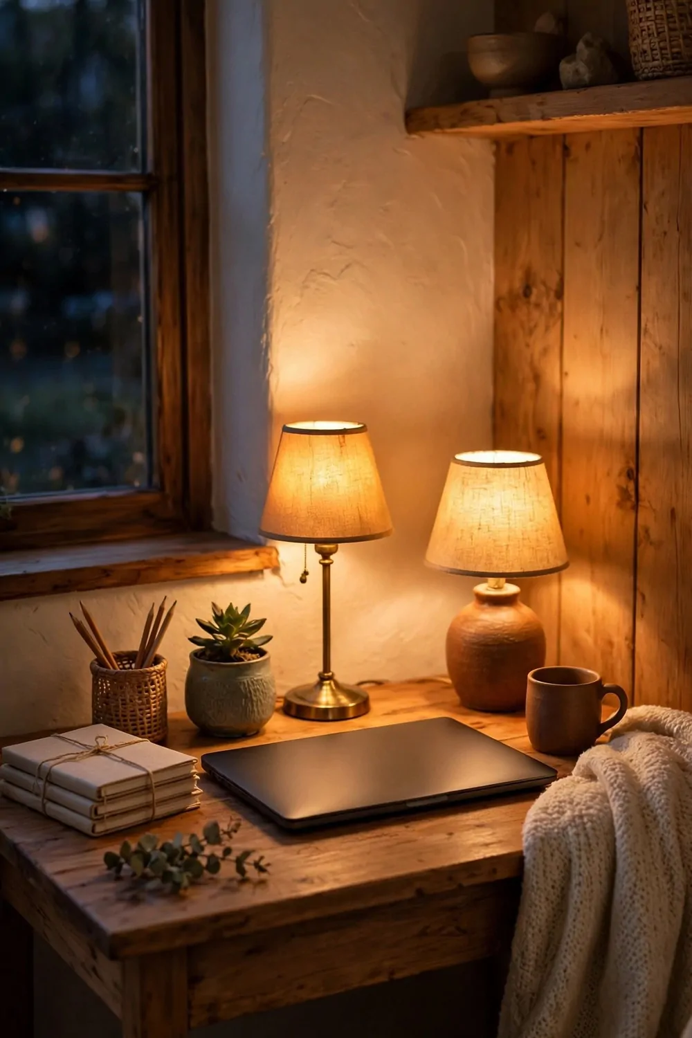 A small desk with two small warm lamps glowing in the evening, laptop closed