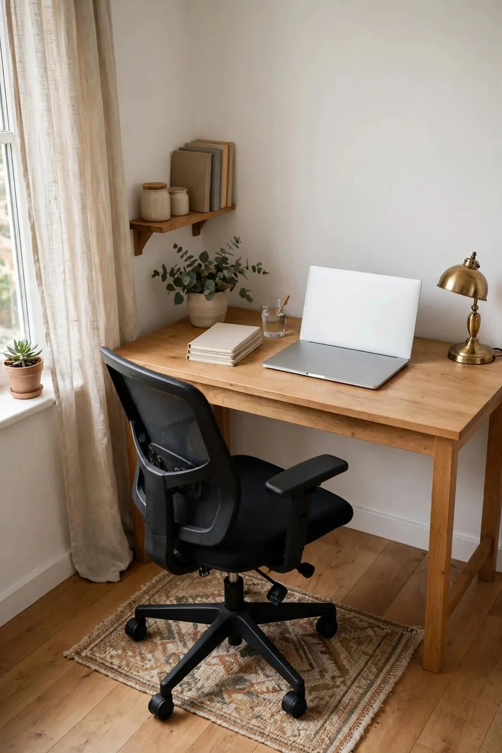 A small rug under a desk chair in a home office corner, wooden floor, desk with laptop