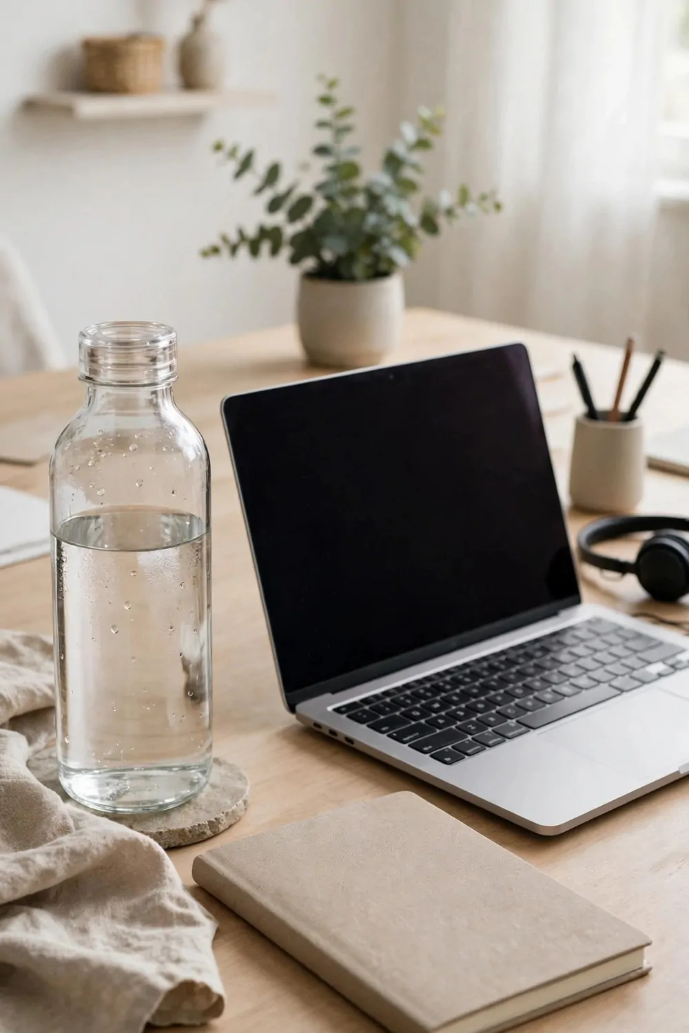 A glass water bottle on a desk beside a laptop and a notebook