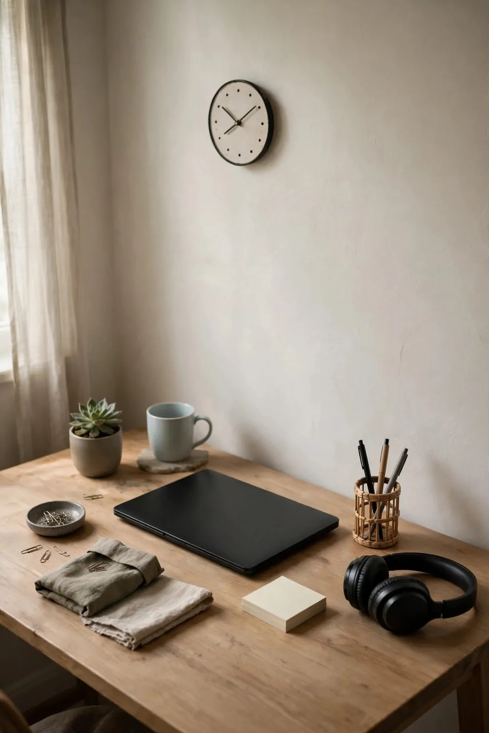 A tidy desk in soft early morning light with a small round clock with dots instead of numbers on the wall