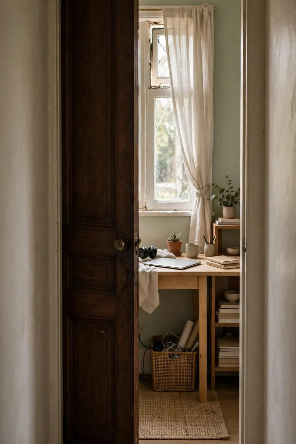A closed door of a small home office with a desk and laptop inside, window open a crack