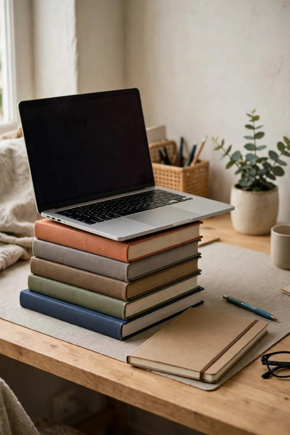 A laptop raised on a stack of hardback books on a desk, notebook beside it