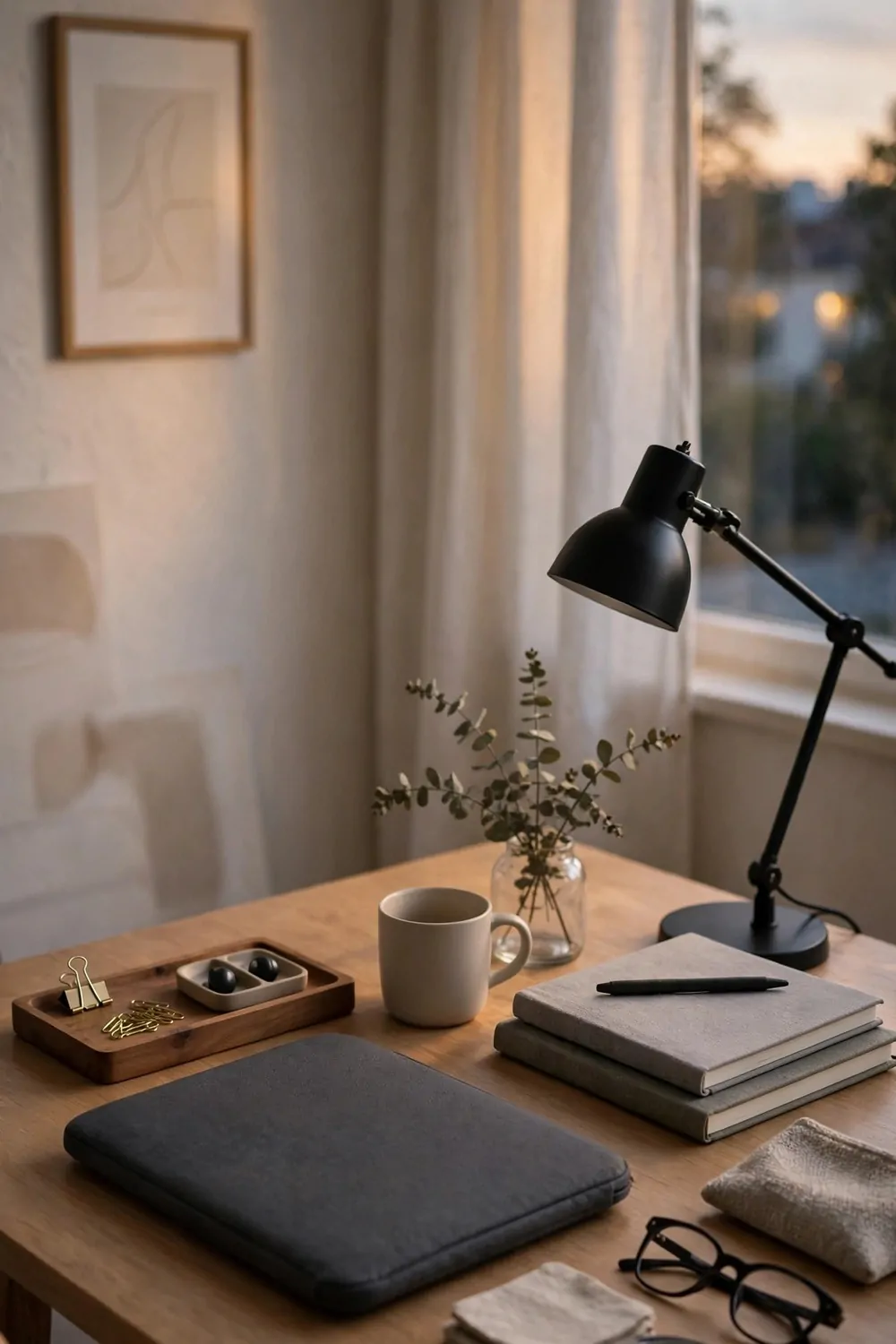 A tidy desk at the end of the day, everything in place, small tray, lamp off, evening light