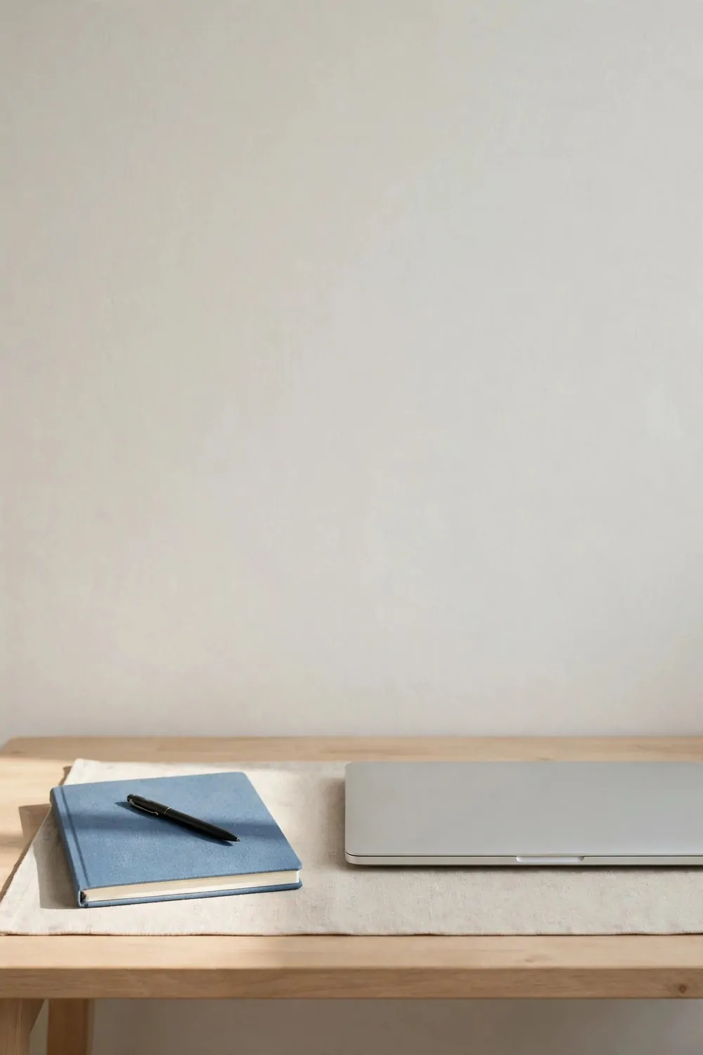 A desk with one calm blue notebook and a pen on it, plain pale wall behind, laptop closed