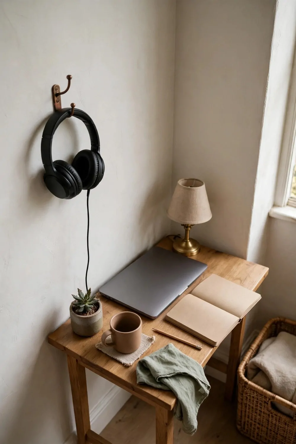 A small desk with headphones hanging on a wall hook beside it, laptop and notebook