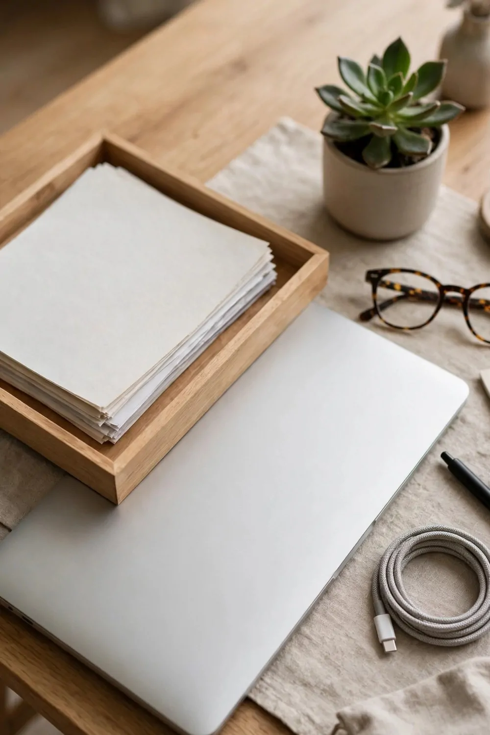 A small wooden tray on a desk holding a few papers neatly stacked, laptop beside it