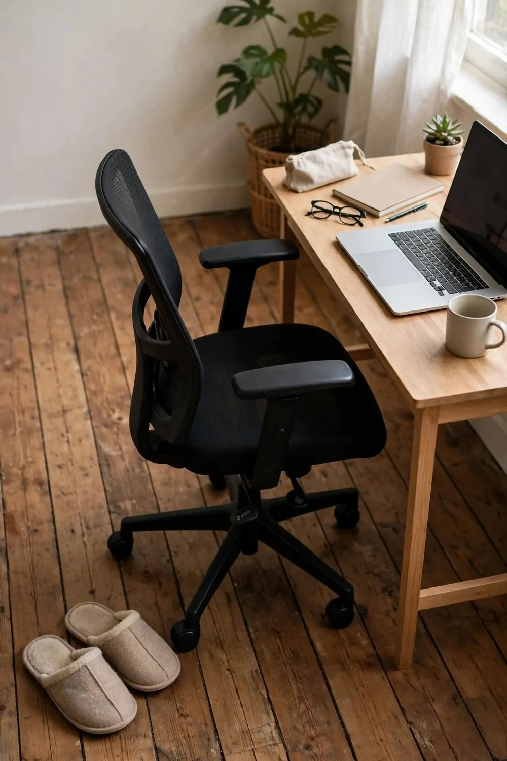 A pair of slippers beside a desk chair on a wooden floor, small desk with laptop nearby