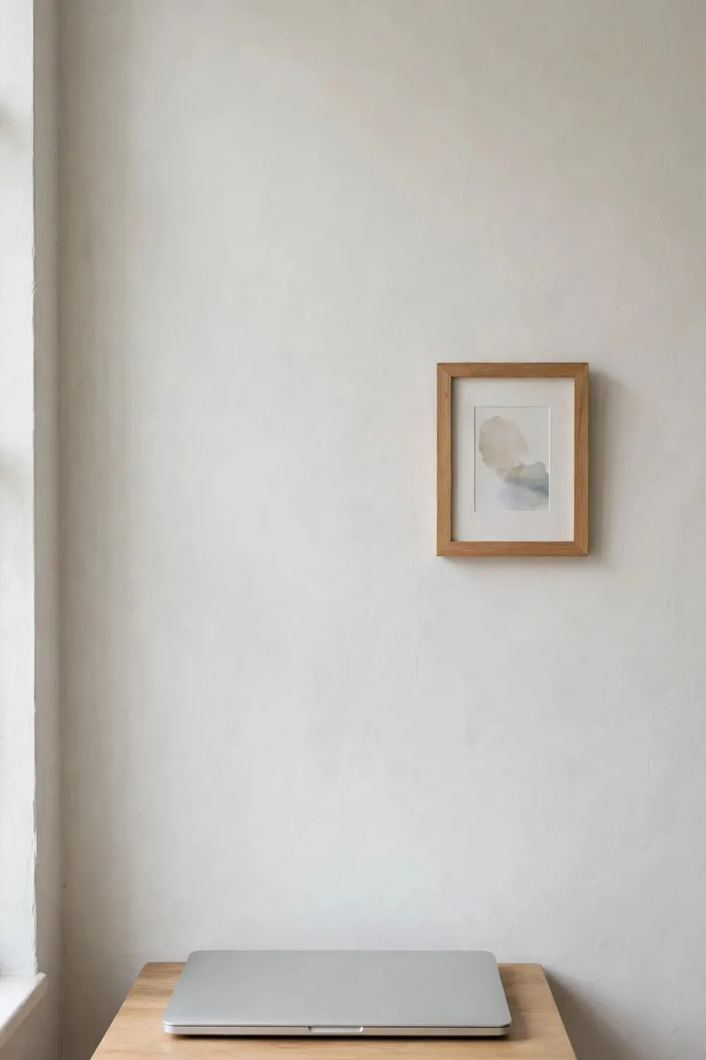 A blank pale wall behind a laptop on a small desk, one small framed picture