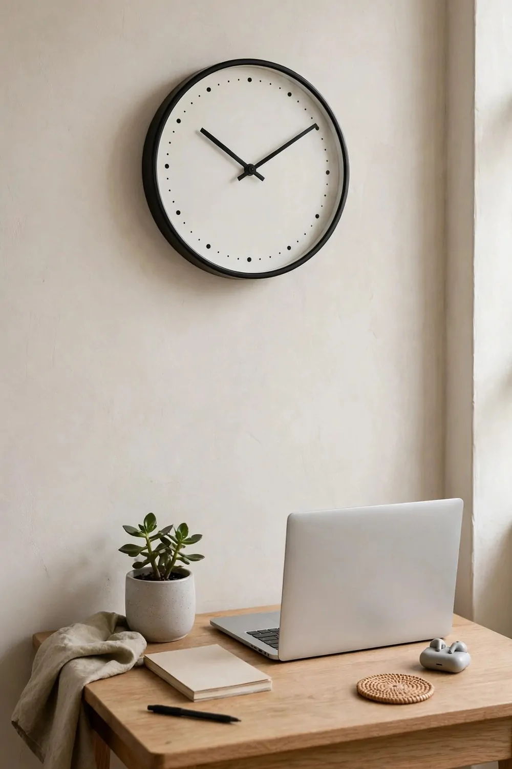 A round wall clock with dots instead of numbers above a small desk with a laptop