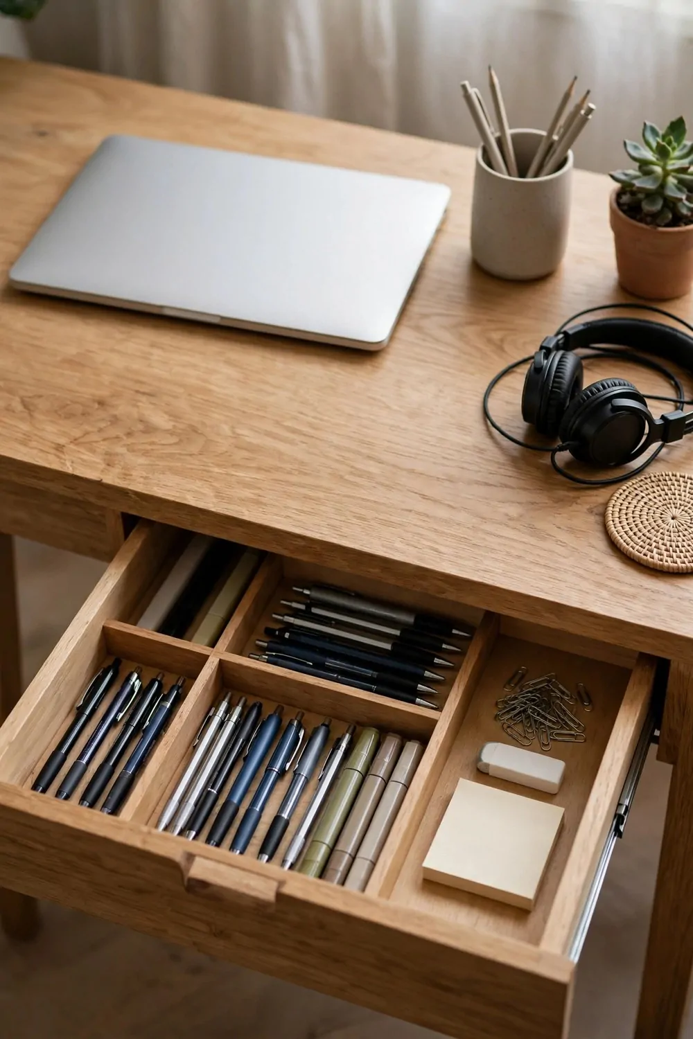 A desk drawer slightly open showing tidy pens and supplies inside, laptop on the desk above
