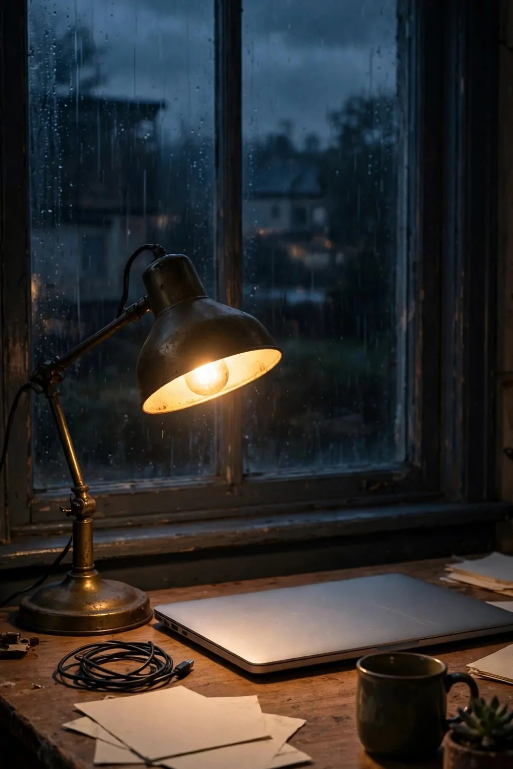 A small secondhand-style desk lamp glowing warm on a desk beside a laptop, dark morning outside the window