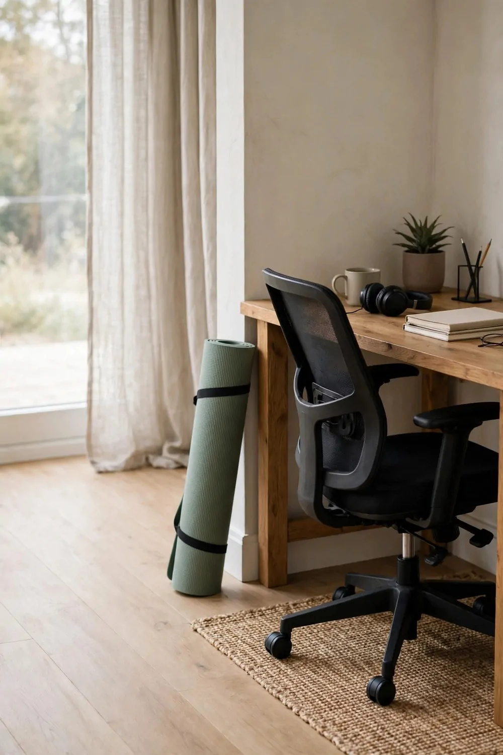 An empty chair pushed back from a desk, a rolled yoga mat leaning nearby