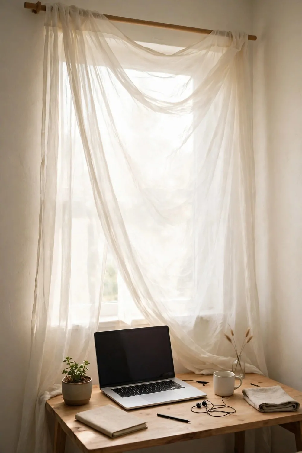 A sheer pale curtain softening bright window light over a small desk with a laptop