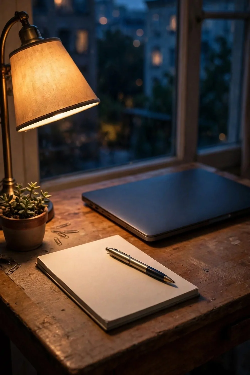 A small desk at dusk with a blank notepad and a pen on it, warm lamp light, laptop closed