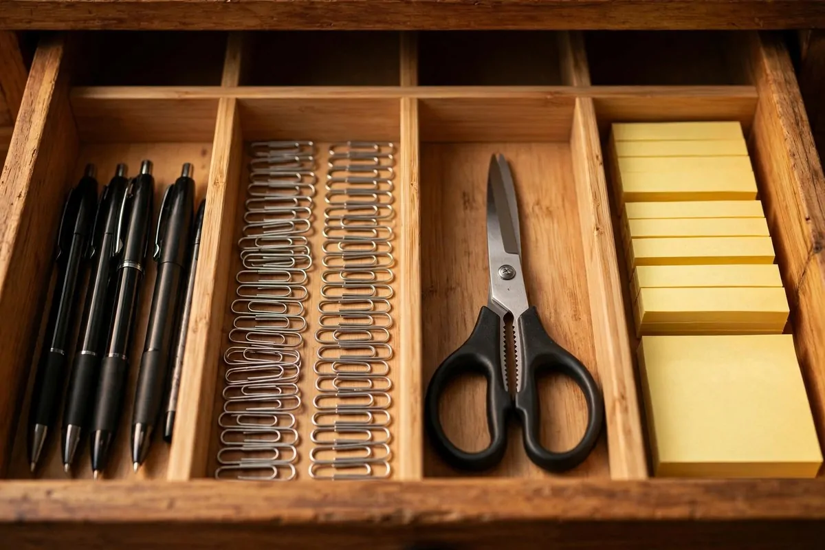 28 Office Organization Ideas for a Clutter-Free Desk 1 Open desk drawer with bamboo dividers holding pens, clips and small office supplies in neat rows