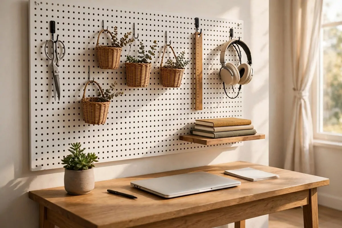 28 Office Organization Ideas for a Clutter-Free Desk 2 Pegboard wall above a home office desk with baskets and hooks holding scissors, notebooks and headphones