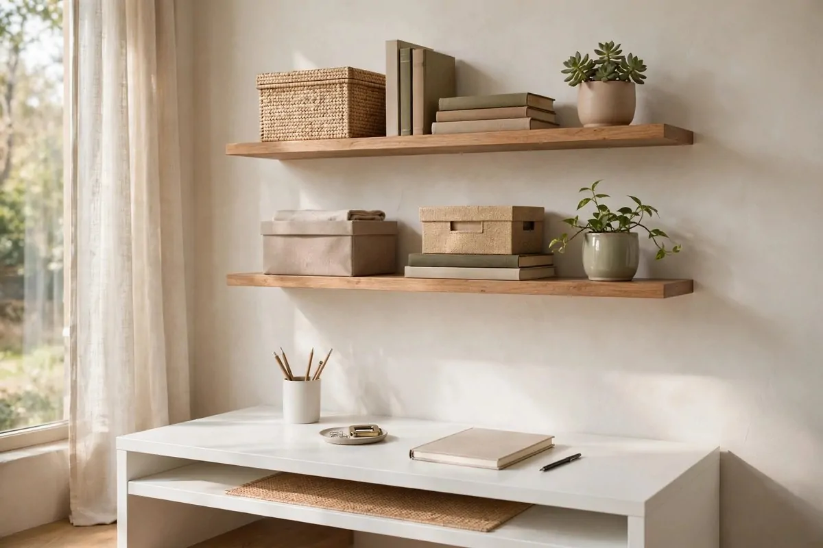 28 Office Organization Ideas for a Clutter-Free Desk 3 Wooden floating shelves above a tidy desk holding labeled boxes, books and a small plant