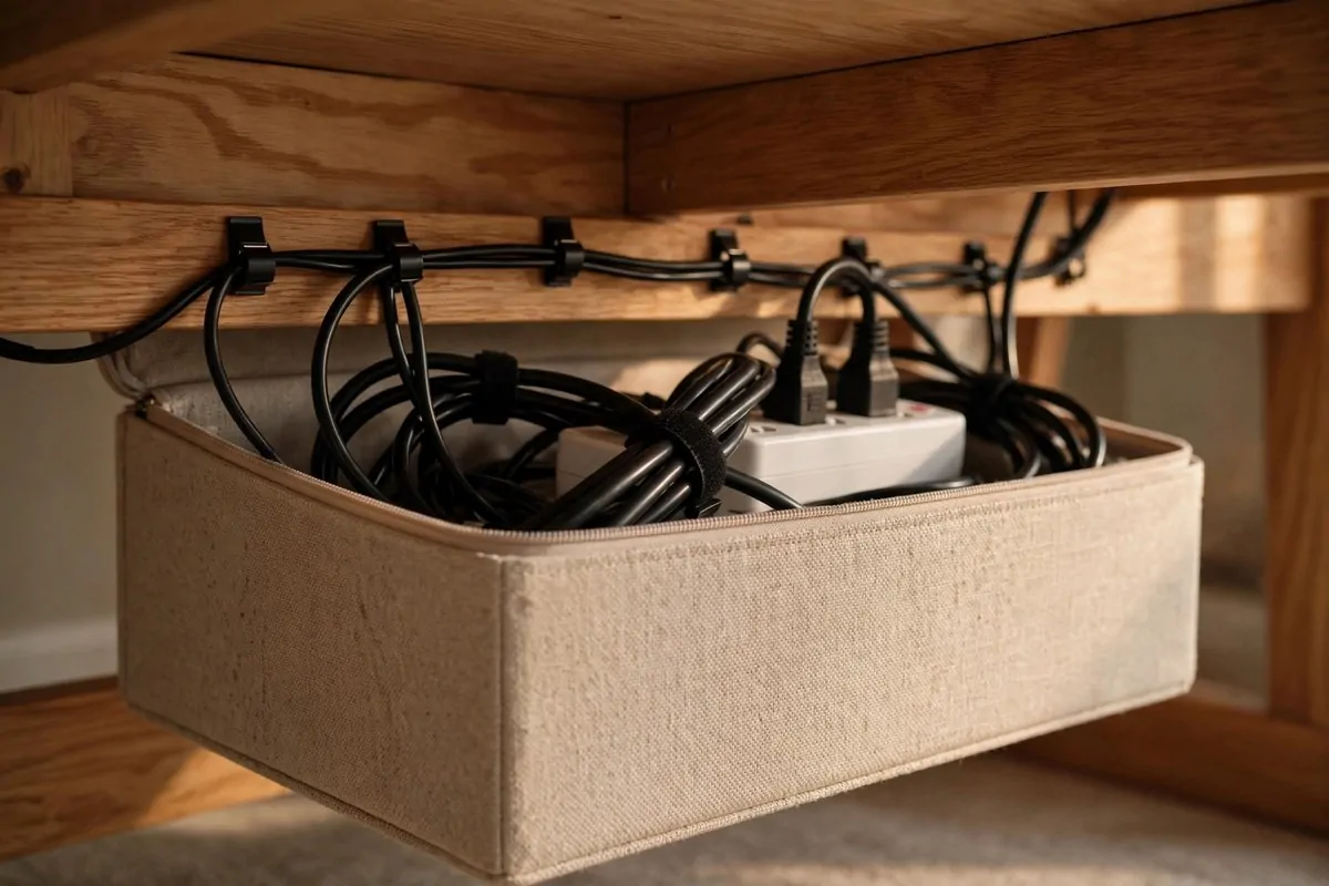 28 Office Organization Ideas for a Clutter-Free Desk 4 Fabric cable management box under a desk with a power strip and neatly bundled cords