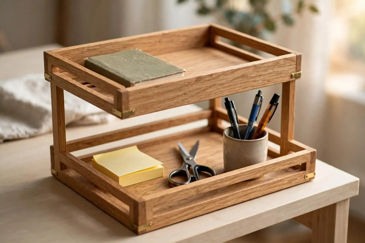 28 Office Organization Ideas for a Clutter-Free Desk 5 Wooden multi-tier desk organizer with pens, notepads and sticky notes neatly arranged