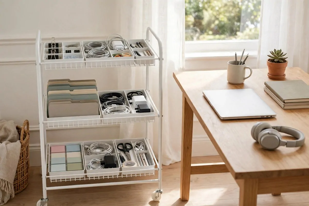 28 Office Organization Ideas for a Clutter-Free Desk 6 Three-tier metal rolling cart beside a desk holding labeled trays of office supplies