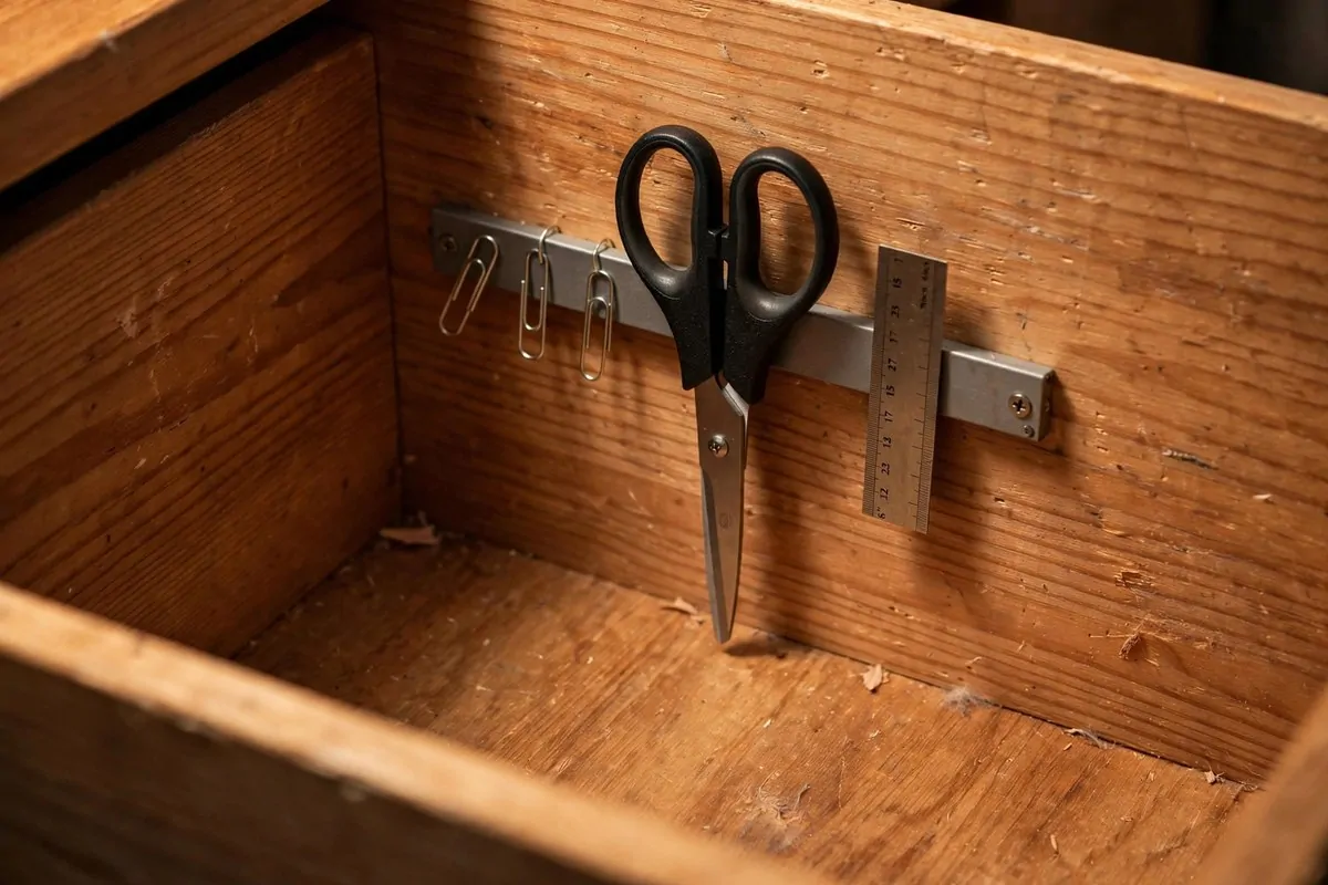 28 Office Organization Ideas for a Clutter-Free Desk 7 Magnetic knife-style strip mounted inside a desk drawer holding scissors, paper clips and a ruler