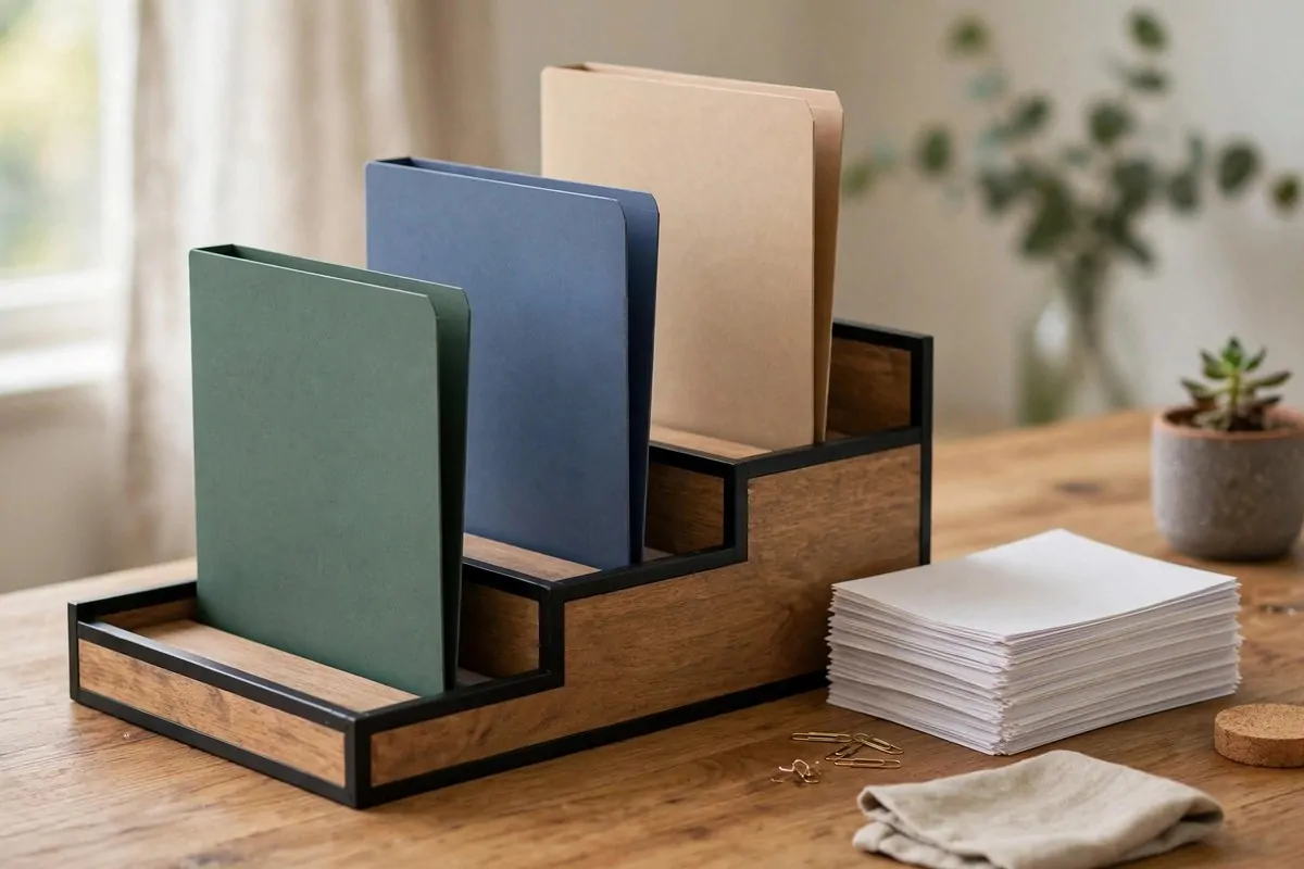 28 Office Organization Ideas for a Clutter-Free Desk 8 Vertical standing file organizer on a desk with labeled folders sorted upright