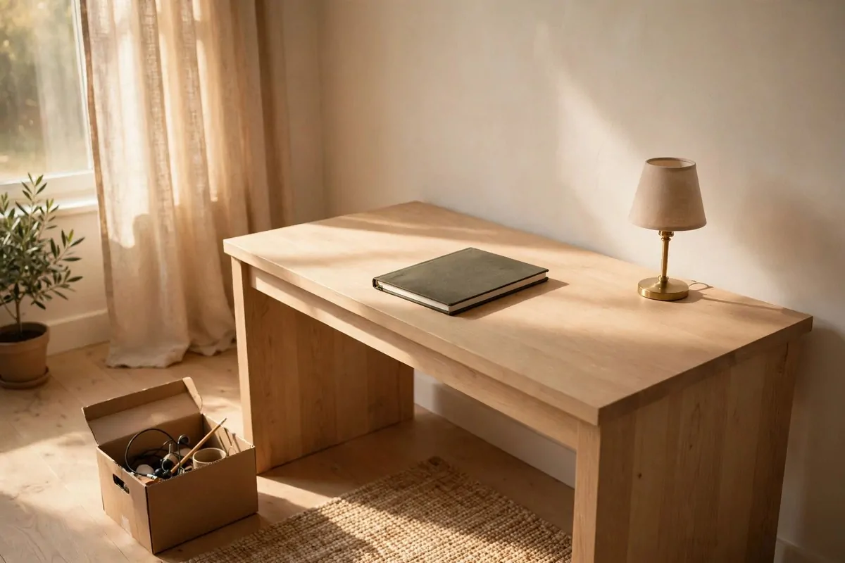 28 Office Organization Ideas for a Clutter-Free Desk 9 Minimal tidy desk with a small donation box beside it for removed clutter