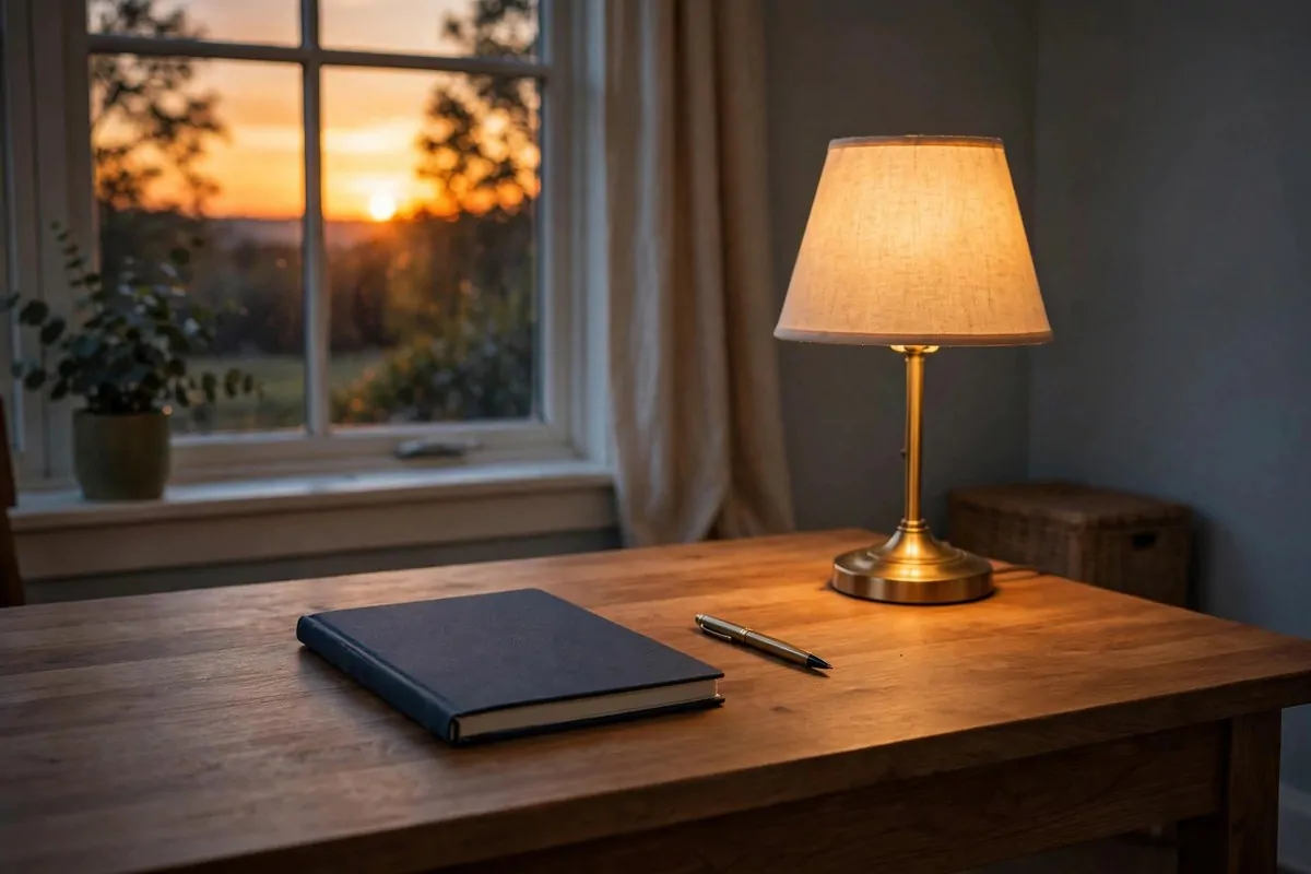 28 Office Organization Ideas for a Clutter-Free Desk 10 Cleared home office desk at sunset with a closed notebook and a warm lamp glowing