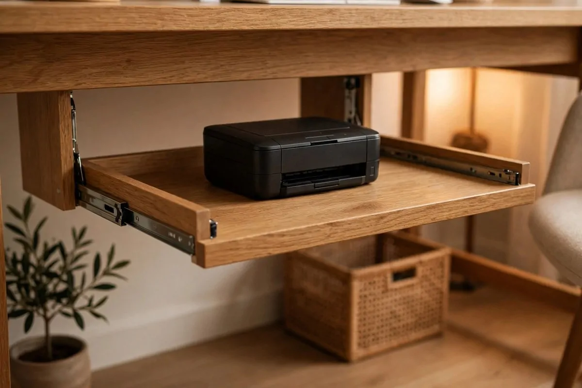 28 Office Organization Ideas for a Clutter-Free Desk 11 Printer on a wooden pullout shelf under a desk, pushed in and out of sight