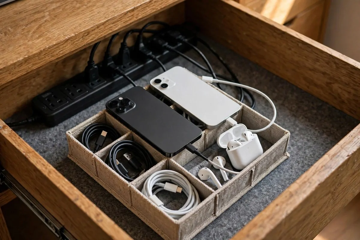 28 Office Organization Ideas for a Clutter-Free Desk 12 Open desk drawer with phones and earbuds charging on a cable organizer, cords hidden from view