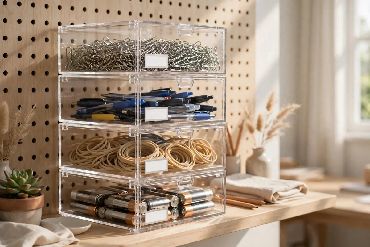 28 Office Organization Ideas for a Clutter-Free Desk 13 Clear acrylic storage boxes with small labels holding paper clips, pens and office supplies