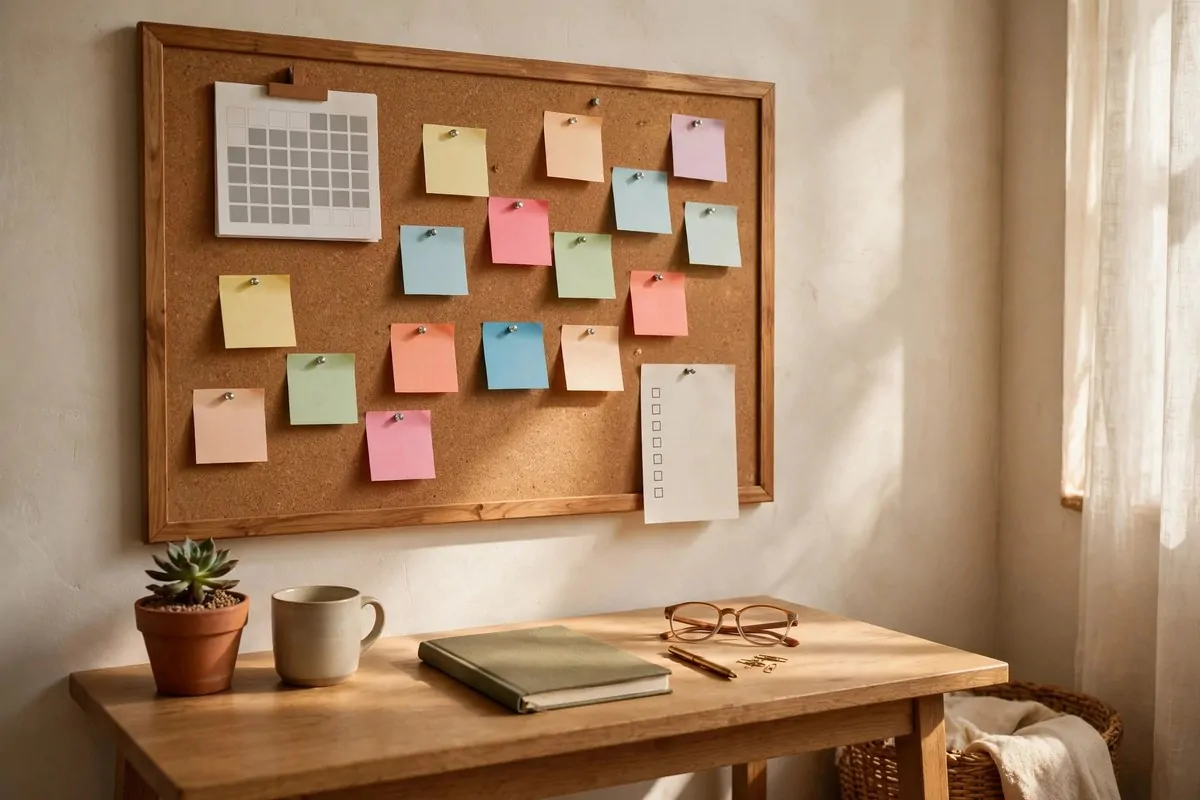 28 Office Organization Ideas for a Clutter-Free Desk 14 Cork board above a desk with pinned notes, a small calendar and a to-do list