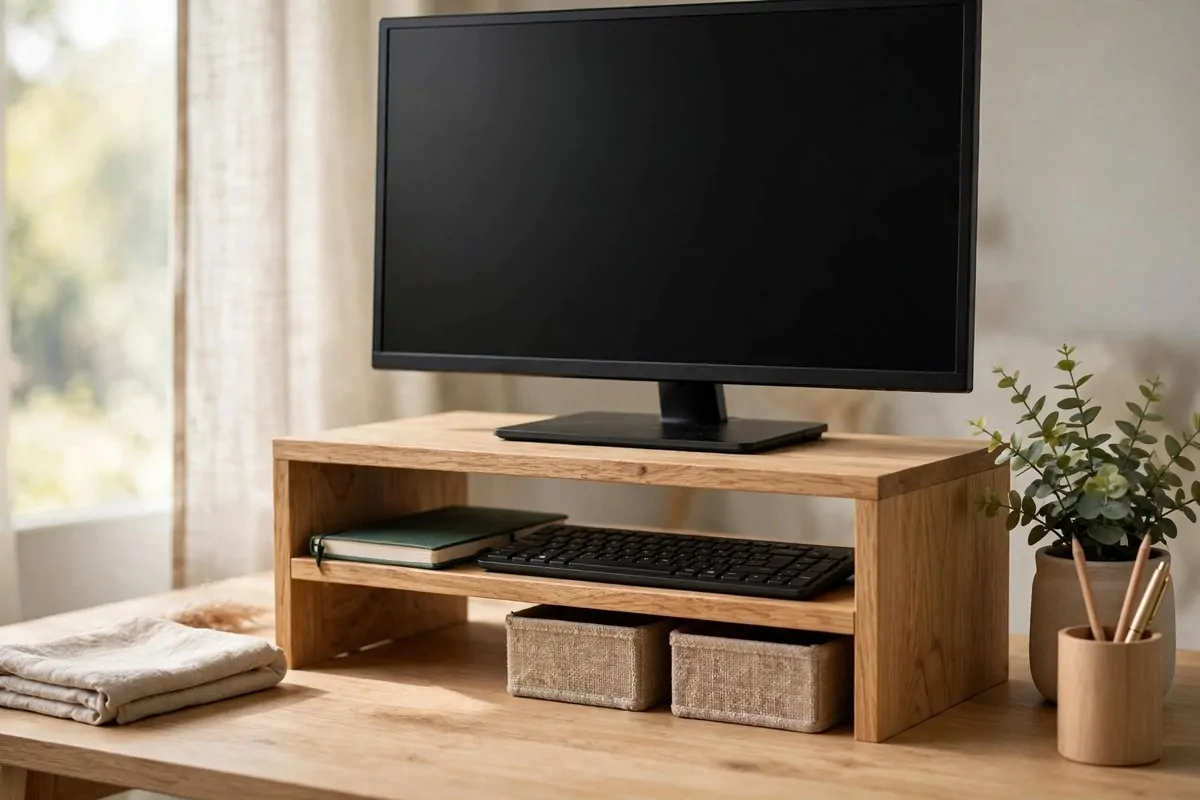 28 Office Organization Ideas for a Clutter-Free Desk 15 Desk with a wooden monitor riser, keyboard tucked underneath and small storage boxes beneath the shelf