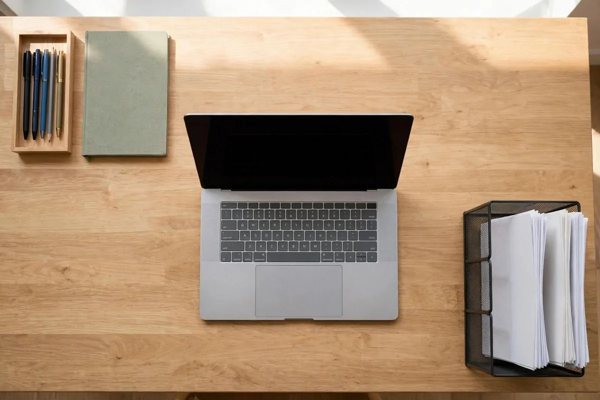 28 Office Organization Ideas for a Clutter-Free Desk 16 Top-down view of an organized desk with labeled zones for work, supplies and decor