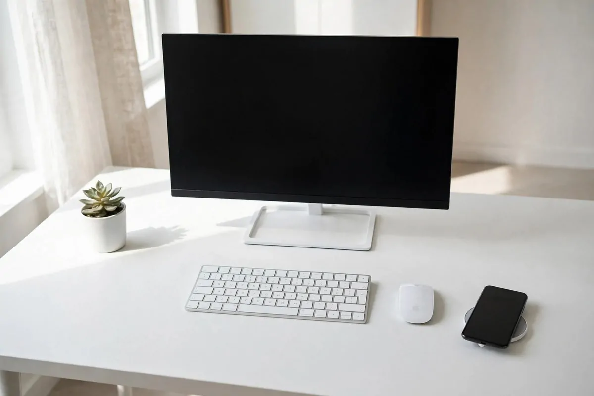 28 Office Organization Ideas for a Clutter-Free Desk 17 Minimal desk setup with a wireless keyboard, wireless mouse and a charging pad, no visible cords