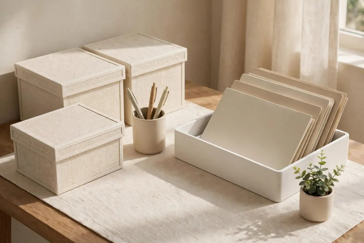 28 Office Organization Ideas for a Clutter-Free Desk 18 Desk styled in matching beige and cream tones with coordinated storage boxes, pen cups and organizers