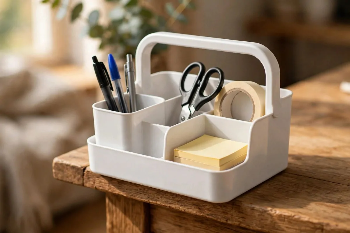 28 Office Organization Ideas for a Clutter-Free Desk 19 Portable desk caddy with a handle holding pens, scissors, tape and notepads