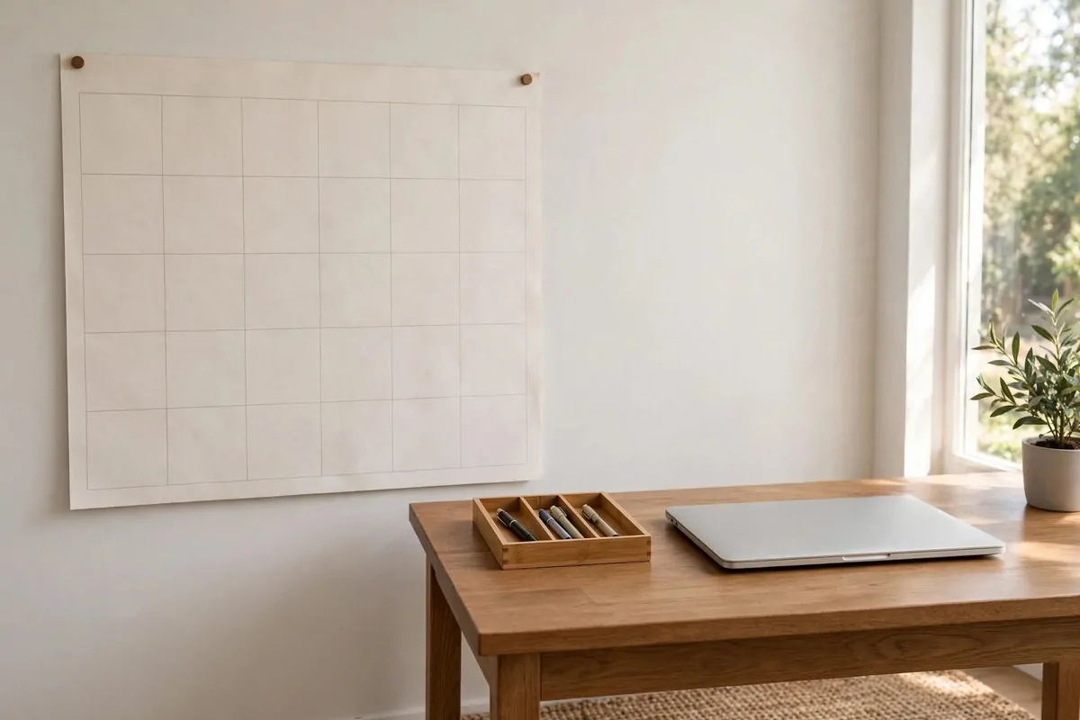 28 Office Organization Ideas for a Clutter-Free Desk 20 Large wall calendar mounted beside a tidy desk, the desk itself free of paper planners