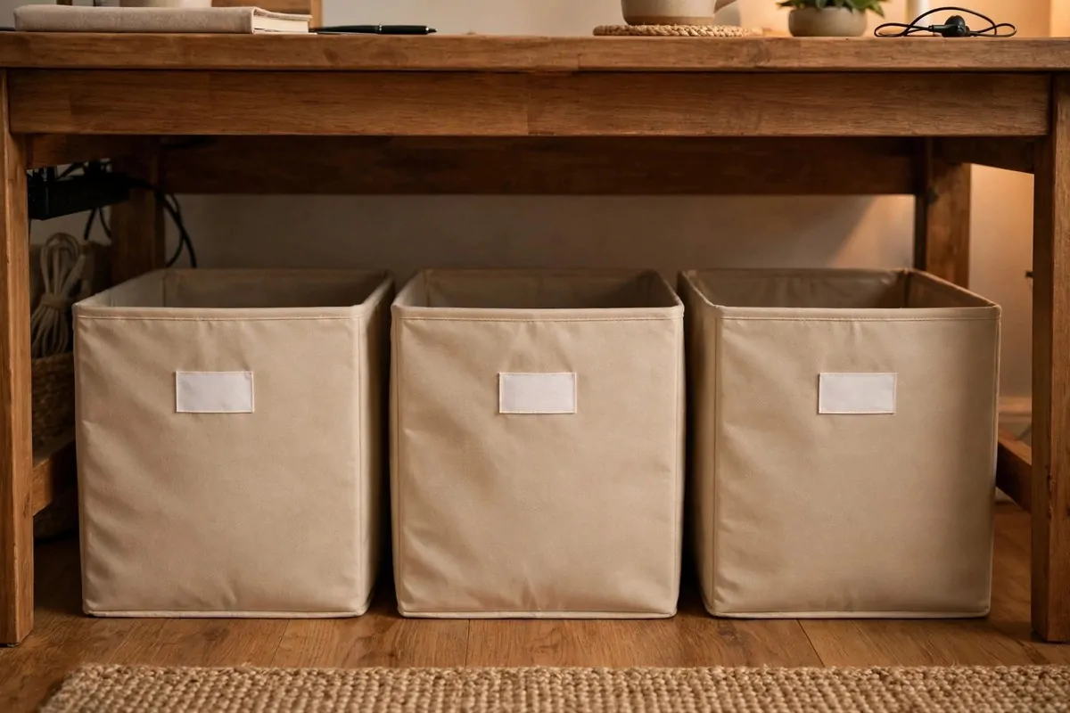 28 Office Organization Ideas for a Clutter-Free Desk 21 Under-desk space with labeled fabric bins and storage boxes neatly lined up