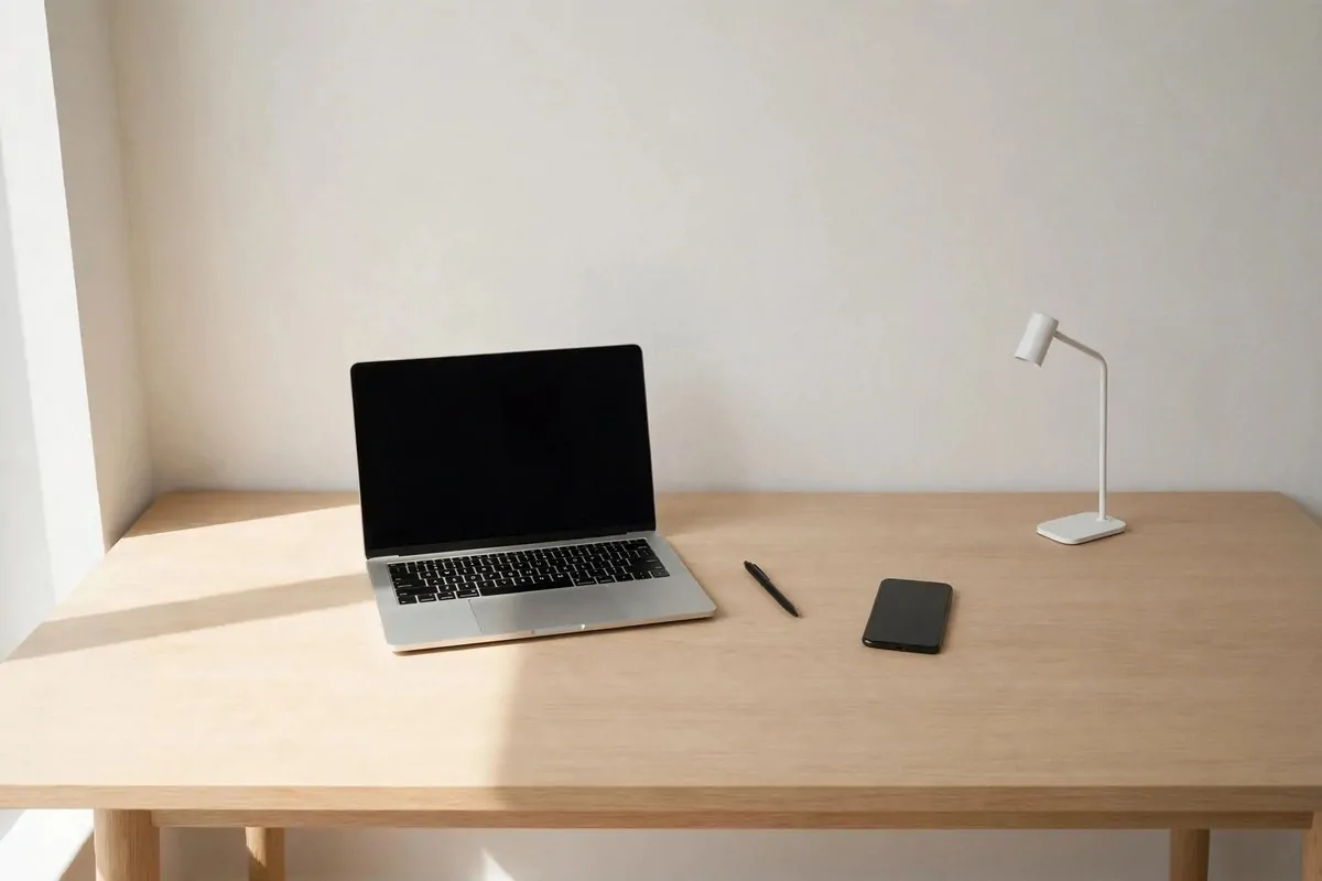28 Office Organization Ideas for a Clutter-Free Desk 22 Minimalist desk with only a laptop, one pen, a phone and a small lamp, lots of clear space