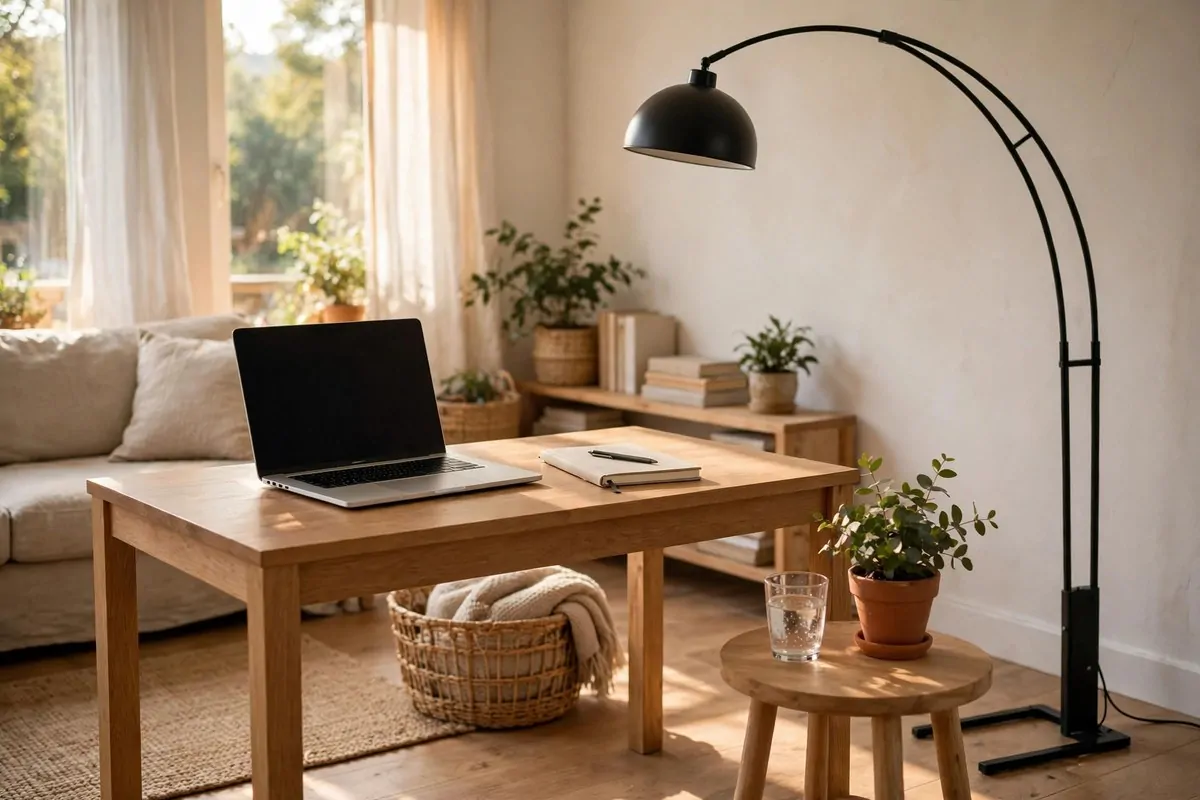 28 Office Organization Ideas for a Clutter-Free Desk 23 Desk with an arc floor lamp standing beside it instead of a desk lamp, accessories moved to a small side table