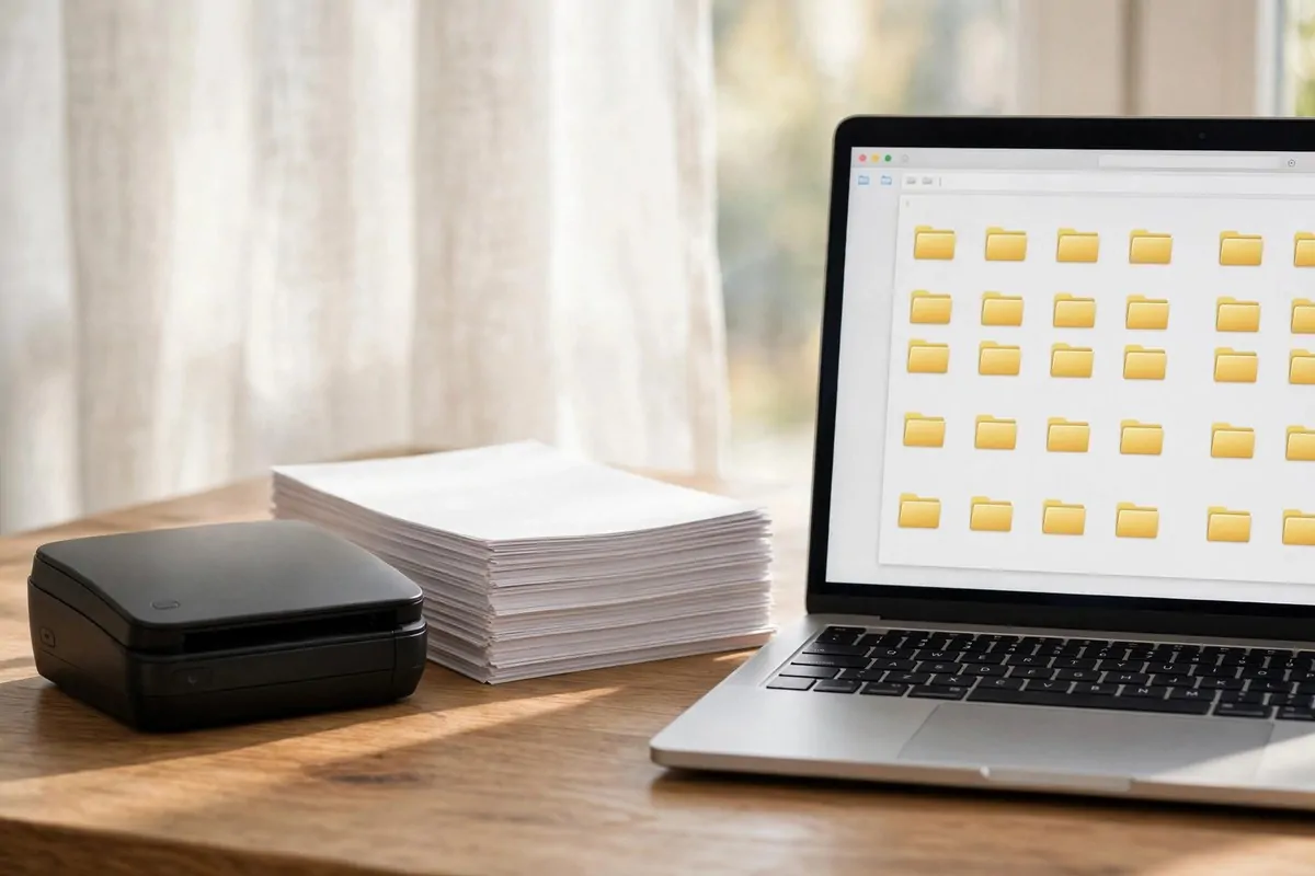 28 Office Organization Ideas for a Clutter-Free Desk 24 Small scanner beside a stack of papers next to a laptop showing organized digital folders