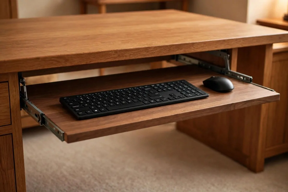 28 Office Organization Ideas for a Clutter-Free Desk 25 Under-desk sliding keyboard tray pulled out with a keyboard, the desk top kept clear