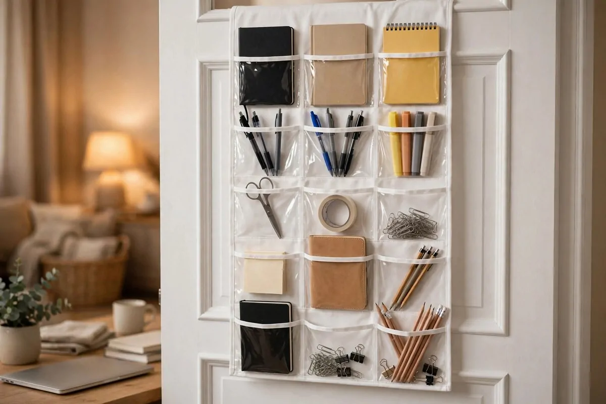 28 Office Organization Ideas for a Clutter-Free Desk 26 Back of an office door with a hanging pocket organizer holding notebooks, pens and office supplies