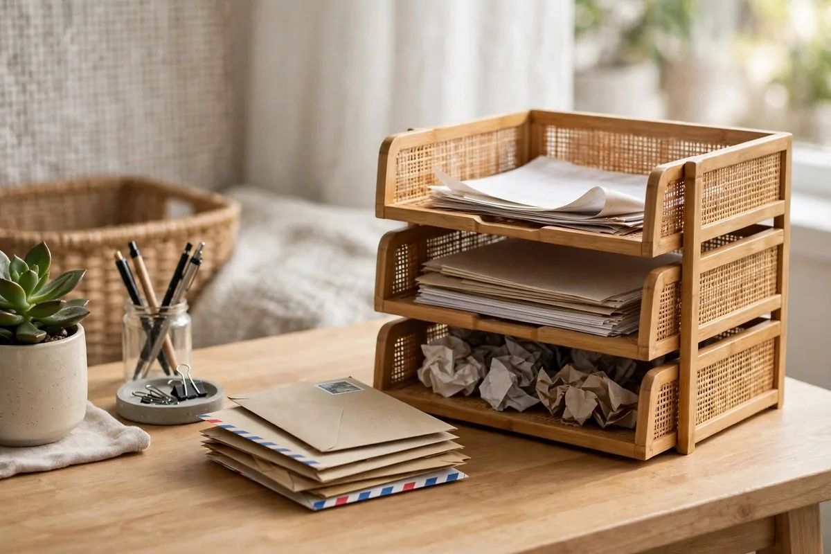 28 Office Organization Ideas for a Clutter-Free Desk 27 Desktop paper sorter with labeled trays for action, filing and recycling beside an incoming mail stack