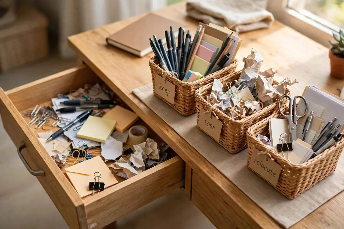 28 Office Organization Ideas for a Clutter-Free Desk 28 Open desk drawer during a weekly sort with keep, toss and relocate bins beside it