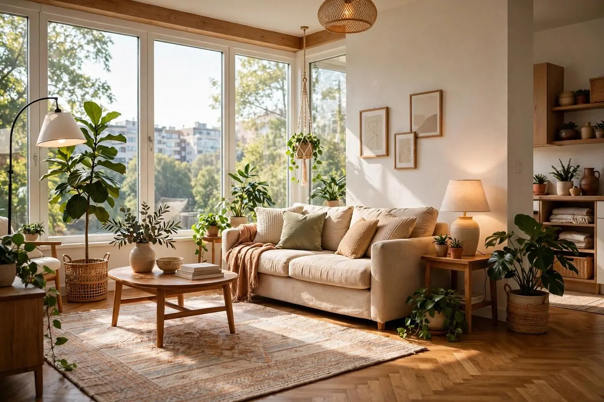 A bright welcoming studio apartment living area with sunlight, a sofa, a large rug, layered lamps and houseplants
