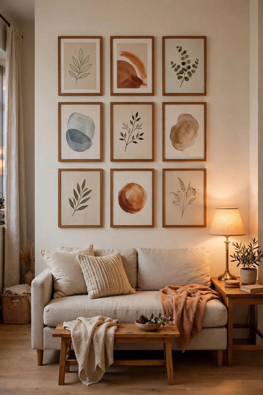 A gallery wall of framed art prints arranged in a neat grid above a sofa in a studio apartment