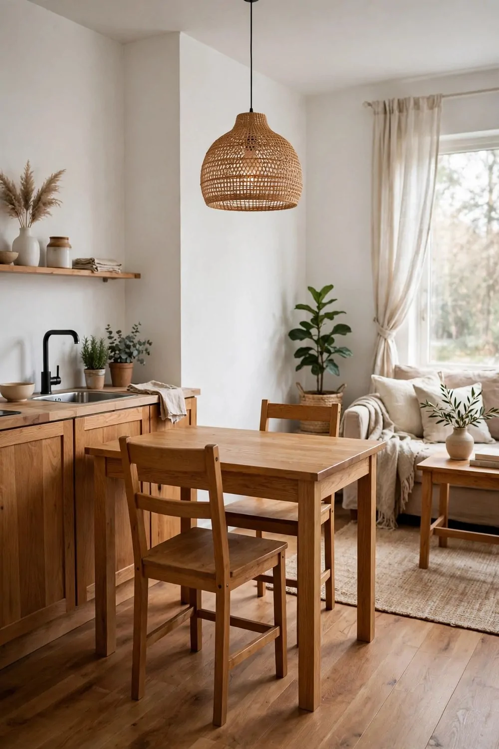 A small studio with warm wood furniture, white walls, an oak table and a woven pendant light