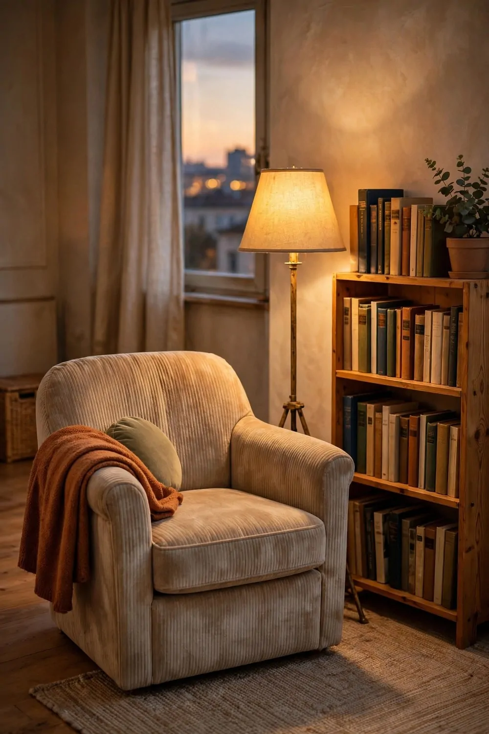 A cozy reading corner in a studio with an armchair, a floor lamp and a small bookshelf
